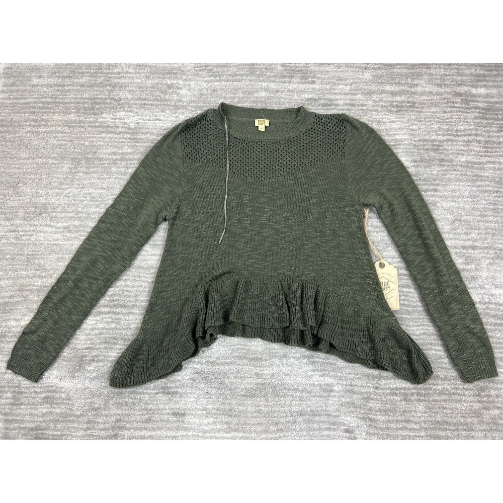 True Craft Sweater Womens S Green Olive Tree Peplum Crochet Knit Long Sleeve New